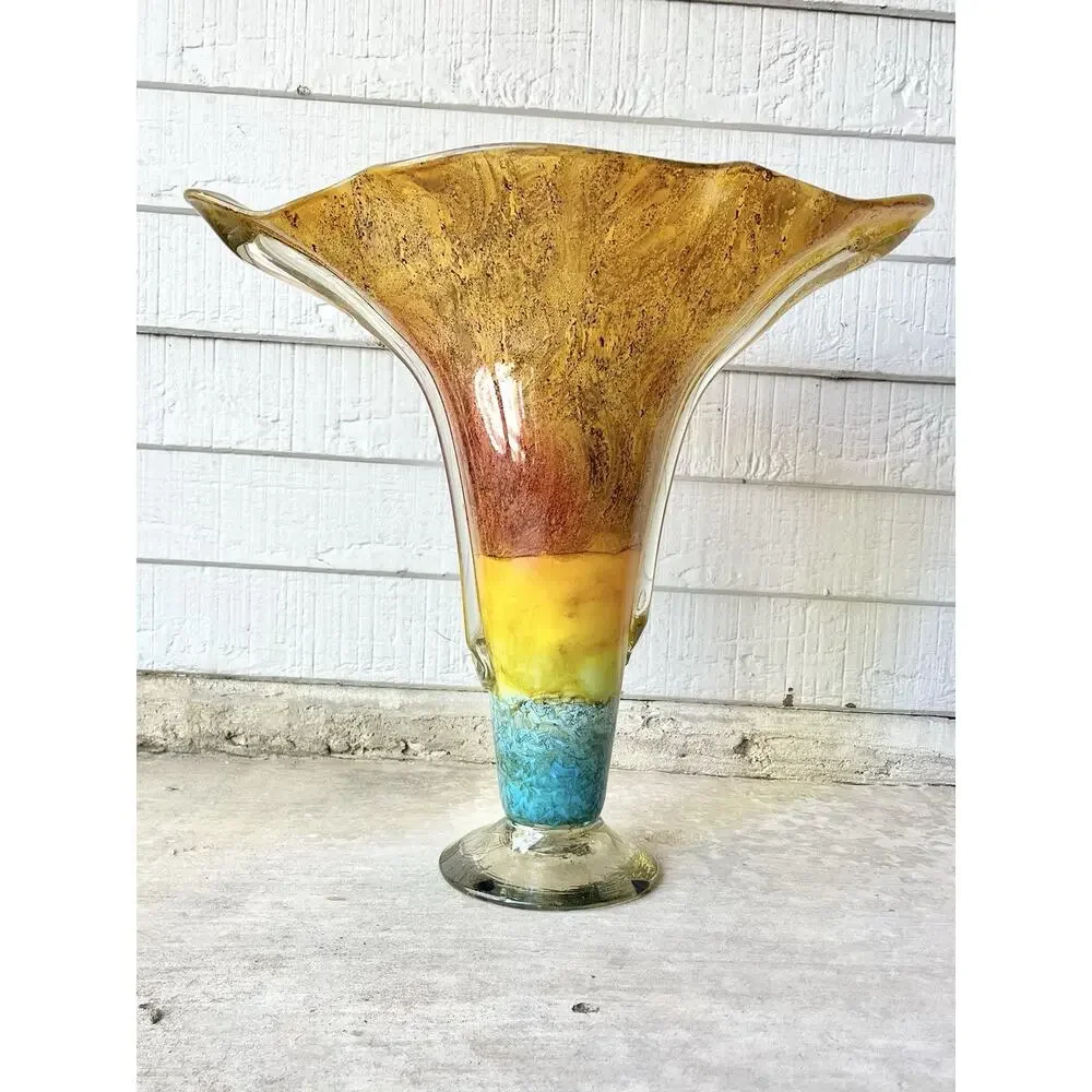 1970s Vintage Murano-Style Handblown Encased Flared Amber Teal Trumpet Vase 17”